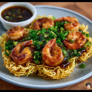 Tamarind prawns on crispy noodle nests with cilantro gremolata