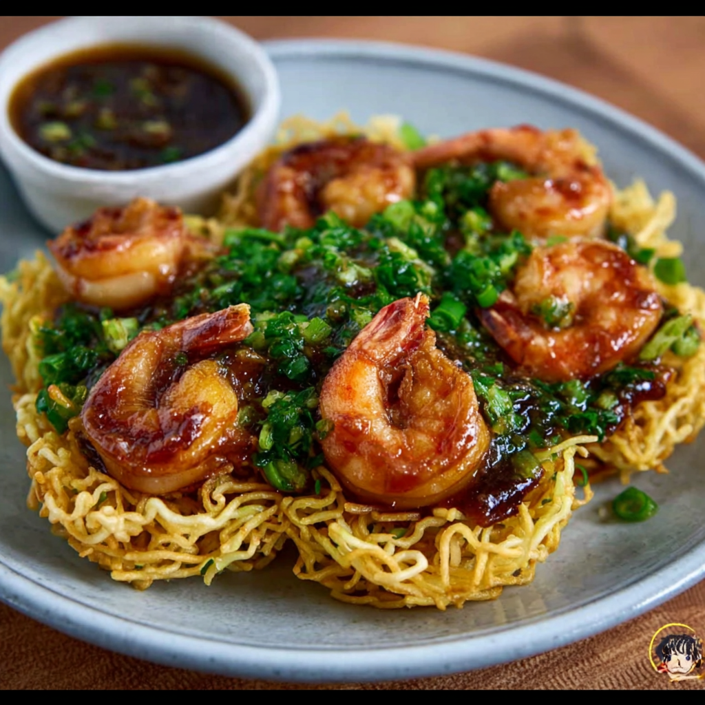 Tamarind prawns on crispy noodle nests with cilantro gremolata