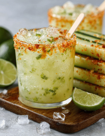 Tangy pickle margarita pops with tajín rim