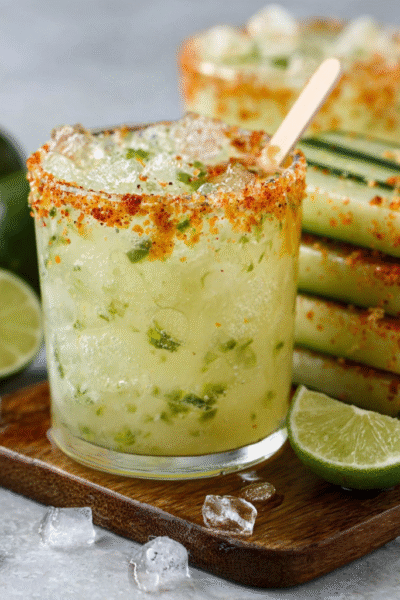 Tangy pickle margarita pops with tajín rim