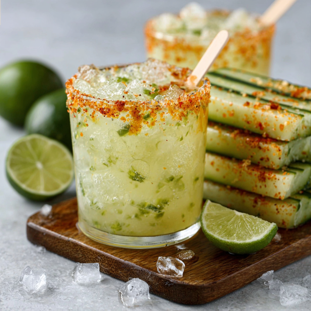 Tangy pickle margarita pops with tajín rim