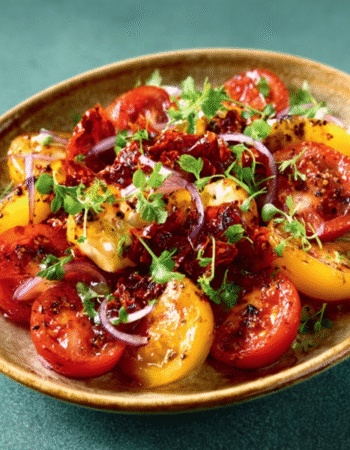 Tomato, Chilli Crisp & Crème Fraîche Salad