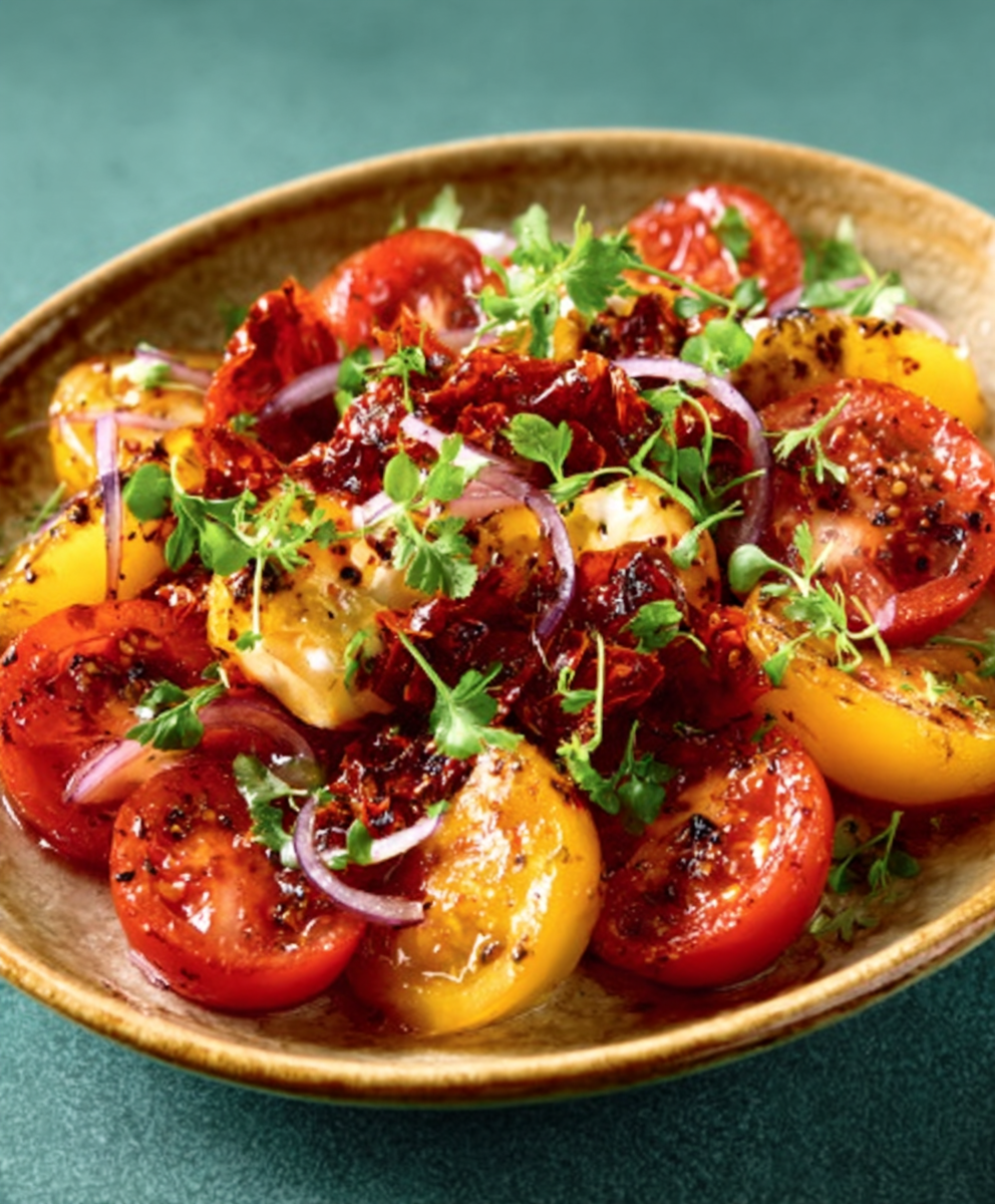 Tomato, Chilli Crisp & Crème Fraîche Salad