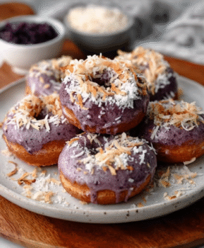 Ube Mochi Donuts with Coconut Shreds