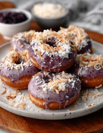 Ube Mochi Donuts with Coconut Shreds