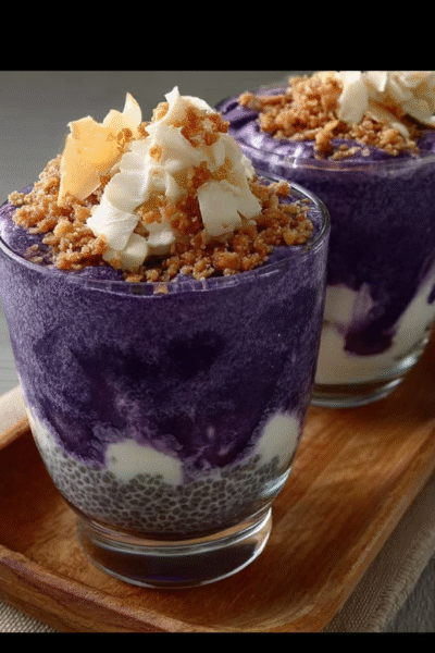 Ube swirl smoothie with coconut chia pudding