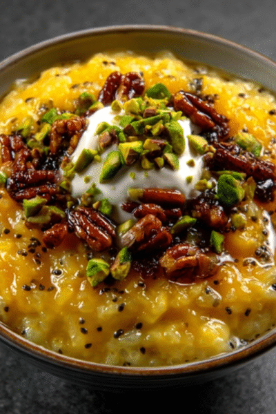 Black Sesame & Saffron Rice Pudding with Pistachios