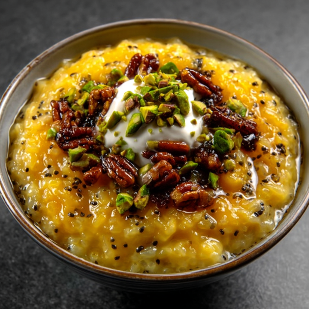 Black Sesame & Saffron Rice Pudding with Pistachios