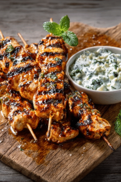 Chicken Skewers with Yogurt and Mint Sauce