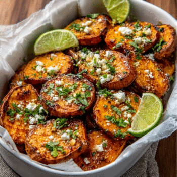 Chili-Lime Roasted Sweet Potatoes with Feta Crumble