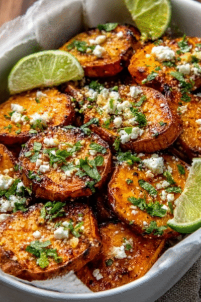 Chili-Lime Roasted Sweet Potatoes with Feta Crumble