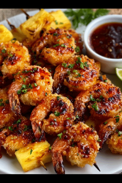 Chili-Pineapple Panko Shrimp Skewers