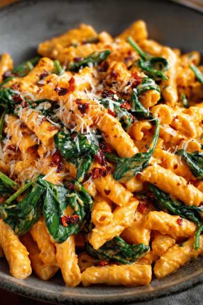 Creamy Roasted Red Pepper Alfredo with Spinach