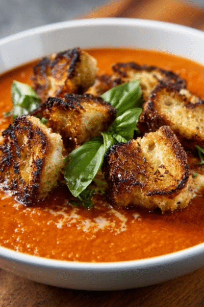 Creamy Tomato Bisque with Grilled Cheese Croutons