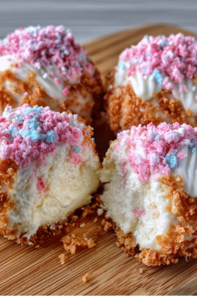 Crispy Cotton Candy Cheesecake Bombs