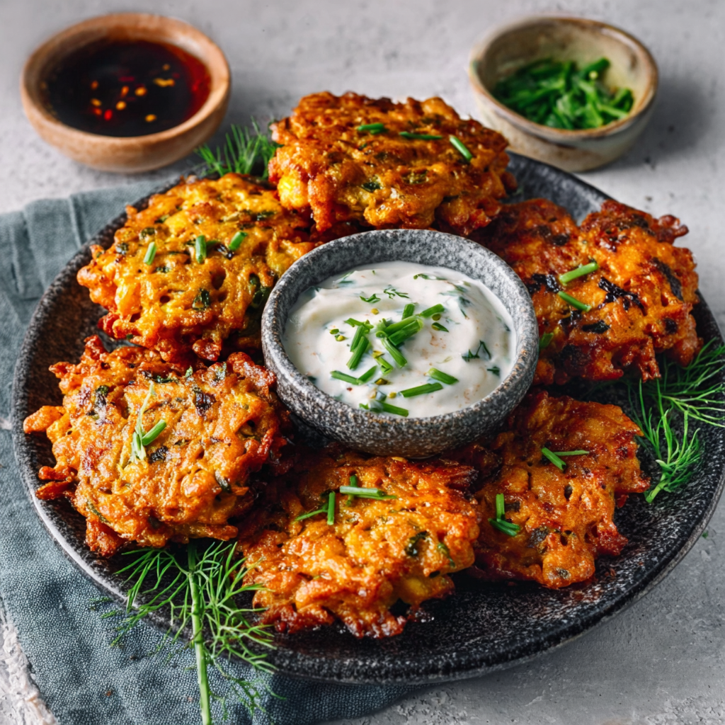 Crispy Fritters with Tamarind Yogurt Dip (Pakoras)