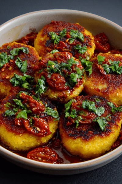 Crispy Polenta Cakes with Roasted Tomato Relish