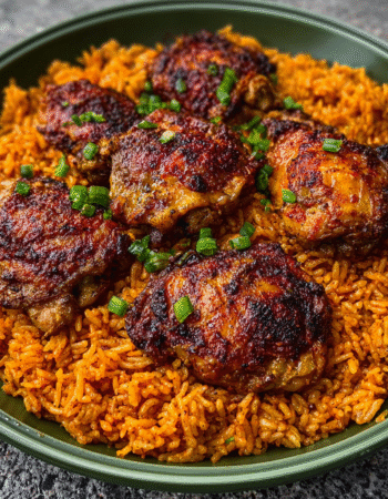 Ghanaian Jollof Rice with Smoked Chicken Thighs