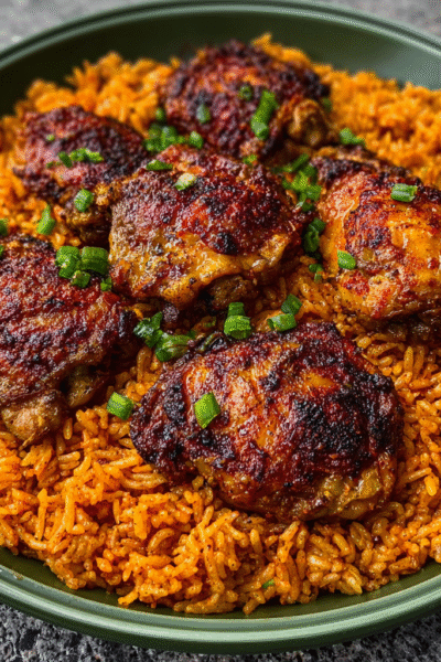 Ghanaian Jollof Rice with Smoked Chicken Thighs