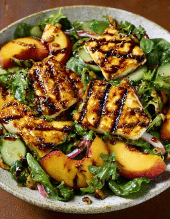 Grilled Peaches & Halloumi Salad with Balsamic Glaze