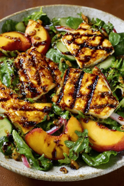Grilled Peaches & Halloumi Salad with Balsamic Glaze