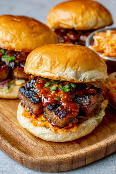 Korean BBQ Pork Belly Sliders with Kimchi Mayo