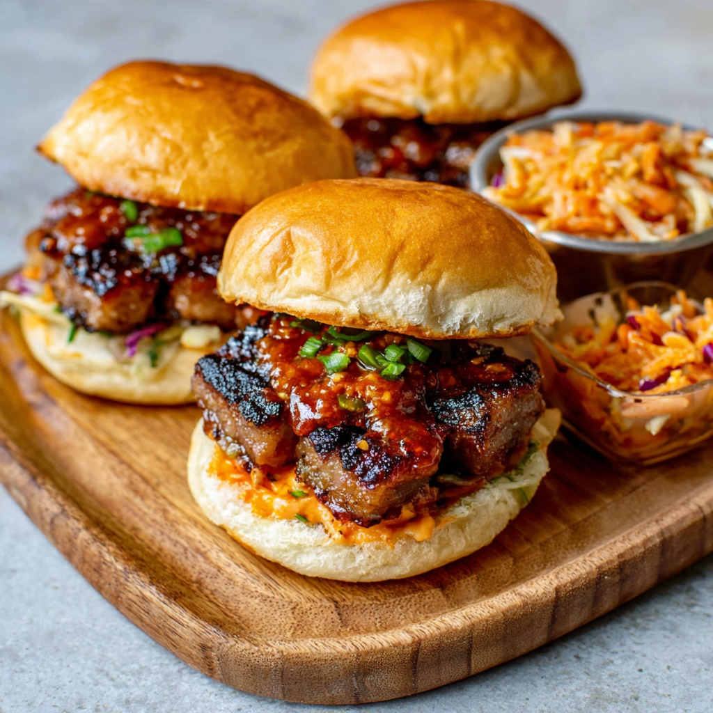 Korean BBQ Pork Belly Sliders with Kimchi Mayo