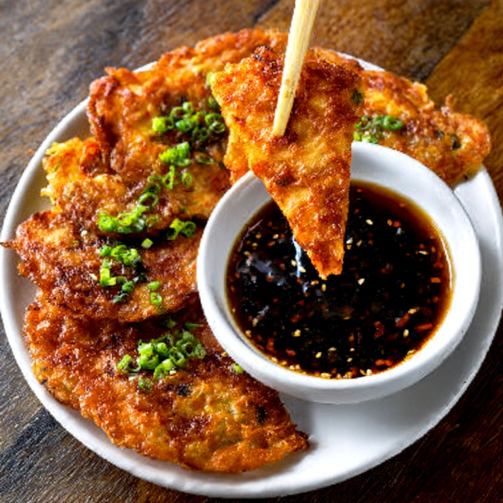 Korean Pancakes with Kimchi & Soy Dipping Sauce