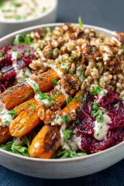 Roasted Carrot & Beetroot Farro Salad with Tahini Dressing
