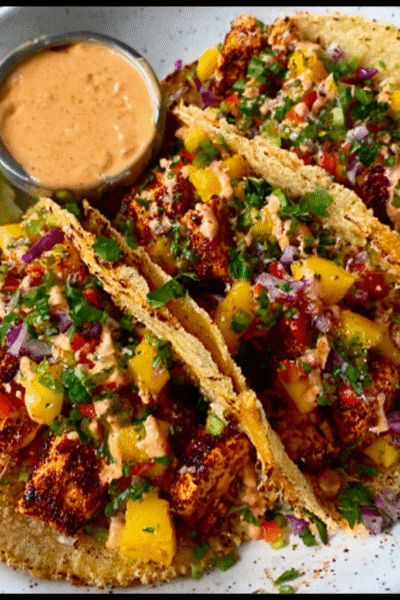 Smoky Tofu Tacos with Mango Salsa & Chipotle Crema