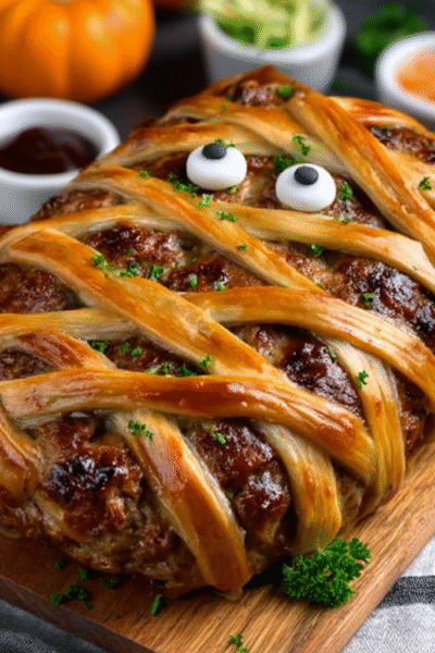 Spooky Mummy Meatloaf Halloween dish