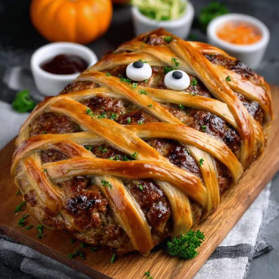 Spooky Mummy Meatloaf Halloween dish
