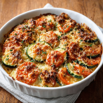 Tomato & Zucchini Blossom Gratin with Parmesan Crust