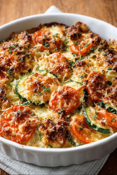 Tomato & Zucchini Blossom Gratin with Parmesan Crust