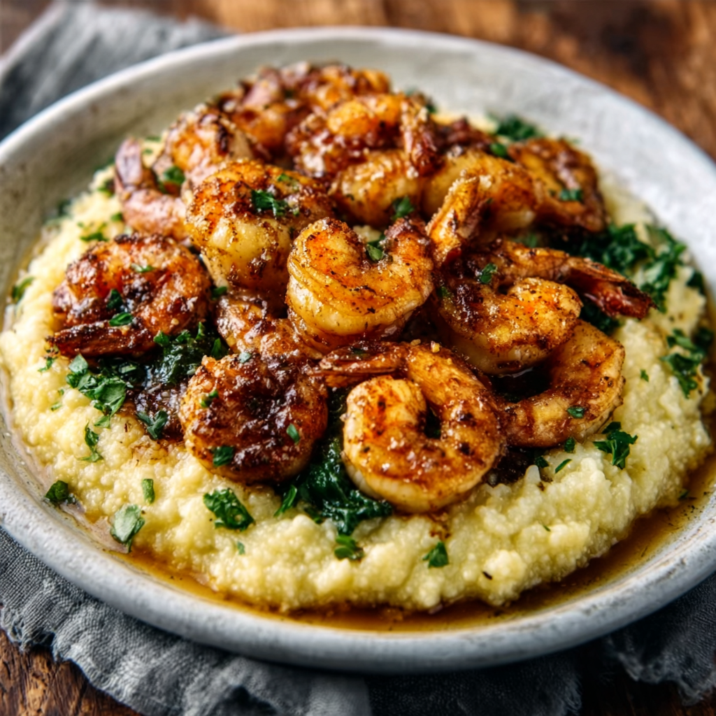 Cauliflower Polenta with Garlic Butter Shrimp