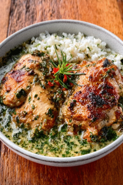 Creamy Chicken Molokhia with Garlic Rice
