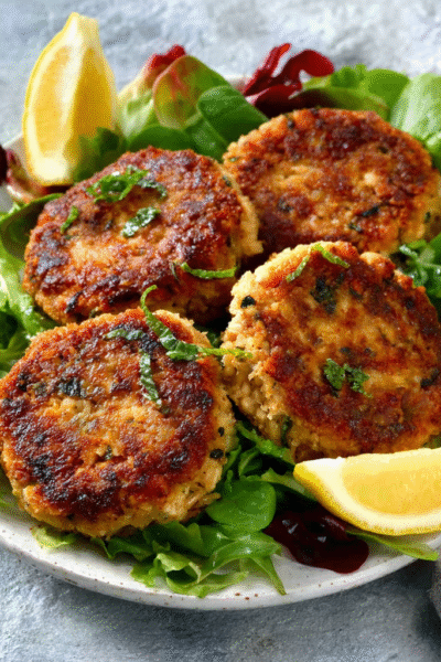 Garlic & Lemon Tuna Cakes with Mixed Leaf Salad