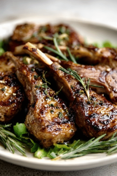 Grilled Lamb Cutlets with Garlic & Rosemary over Baby Greens