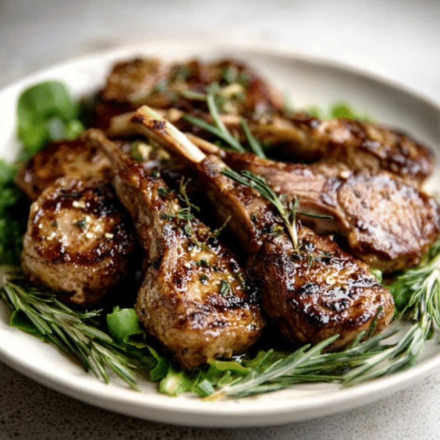 Grilled Lamb Cutlets with Garlic & Rosemary over Baby Greens