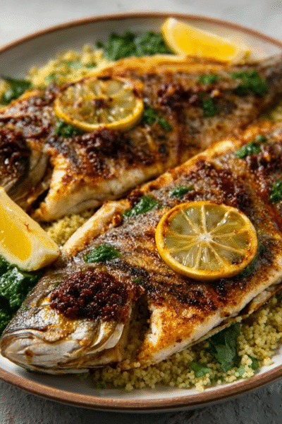 Grilled Sea Bass with Sumac Butter & Lemon Couscous
