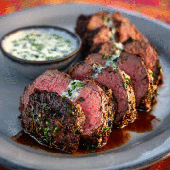Herb-Crusted Beef Tenderloin with Red Wine Sauce