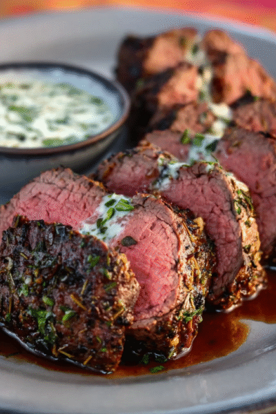 Herb-Crusted Beef Tenderloin with Red Wine Sauce