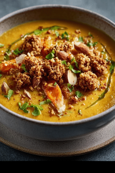 Roasted Carrot & Ginger Soup with Almond Crumble