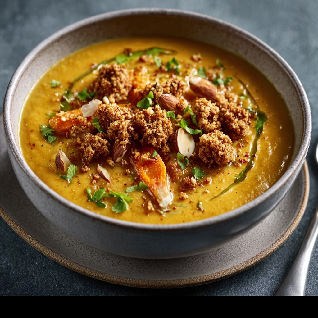 Roasted Carrot & Ginger Soup with Almond Crumble