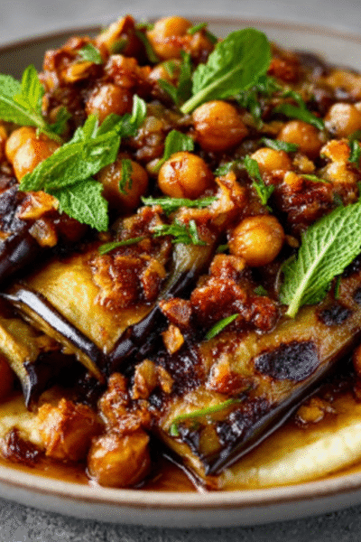 Roasted Eggplant Purée with Crispy Chickpeas