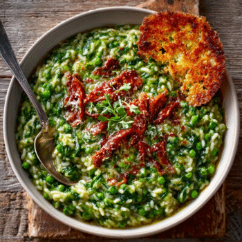 Spinach & Pea Risotto with Parmesan Crisp
