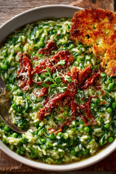 Spinach & Pea Risotto with Parmesan Crisp