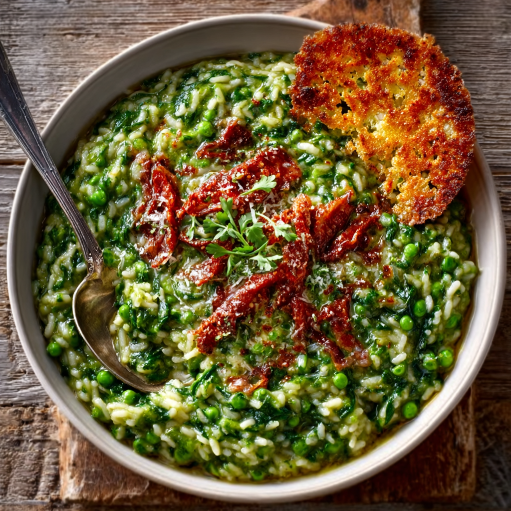 Spinach & Pea Risotto with Parmesan Crisp