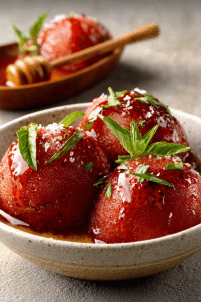 Strawberry Basil Sorbet with Honey Drizzle