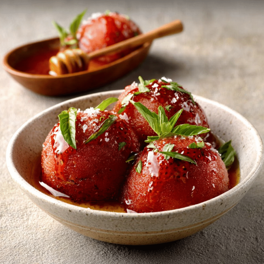 Strawberry Basil Sorbet with Honey Drizzle is irresistible! 6 Strawberry Basil Sorbet with Honey Drizzle
